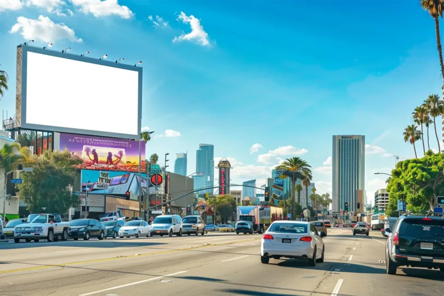 A busy street lined with palm trees and billboards