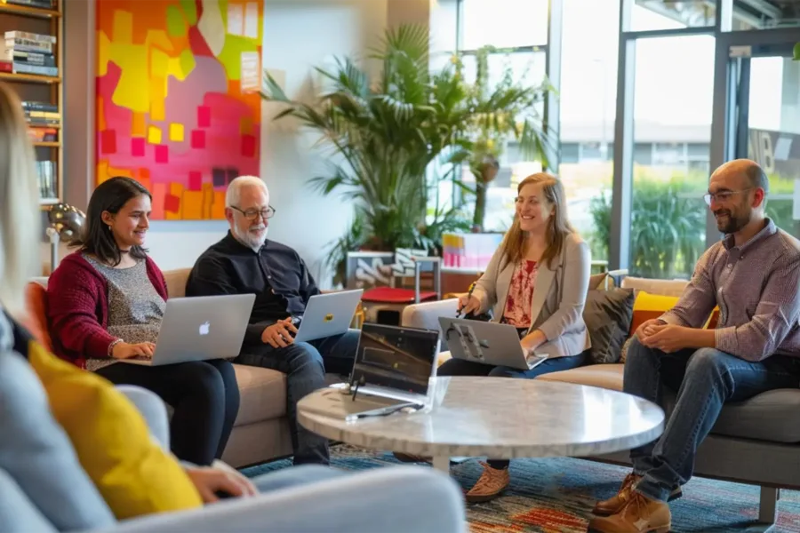Multiple men and women working on laptops while sitting on couches in a cozy meeting room