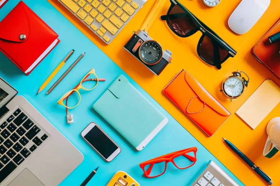 An assortment of items related to creative work neatly organized on a colorful table