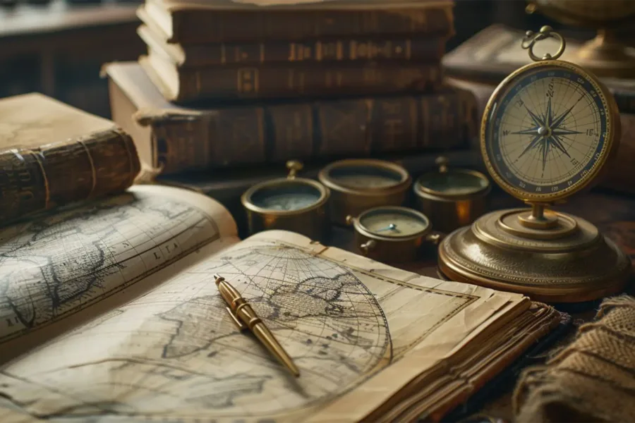 An assortment of old compasses and textbooks surround a book open to a page depicting a world map