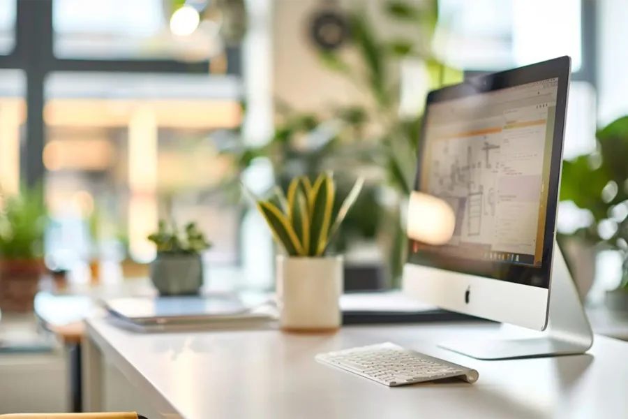 a clutter-free desk with an Apple monitor and keyboard next to a small plant