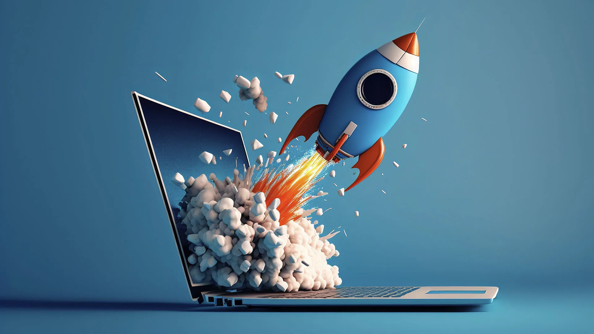 A 3-d rocket blasting out of a laptop screen