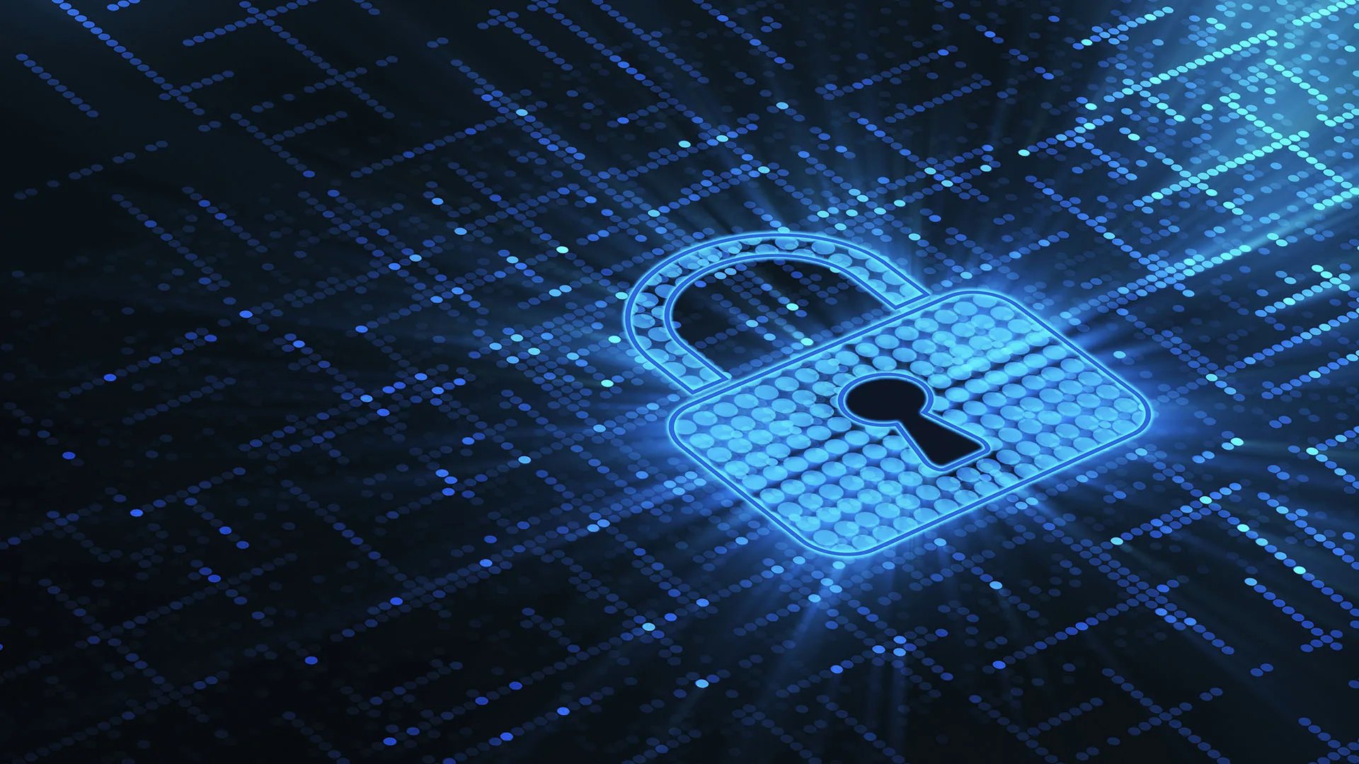 A futuristic network board with a glowing padlock in the middle