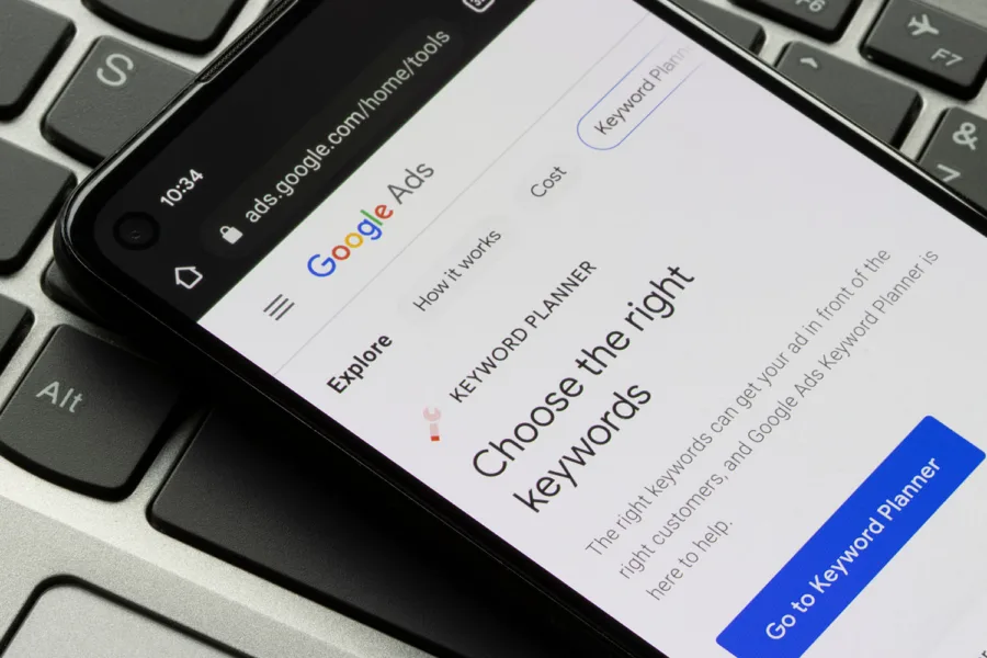 Google Ads keyword planner page displayed on an iphone screen