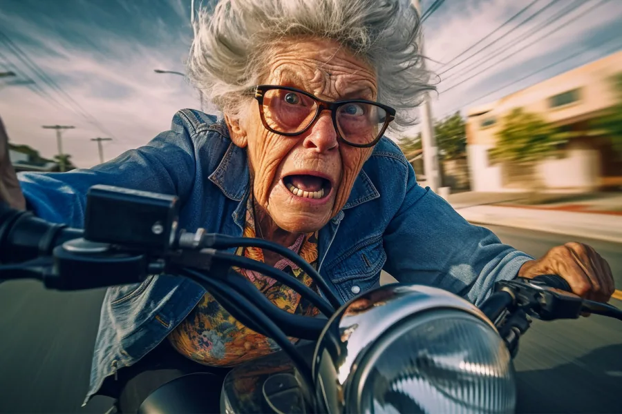AI grandma riding a motorcycle