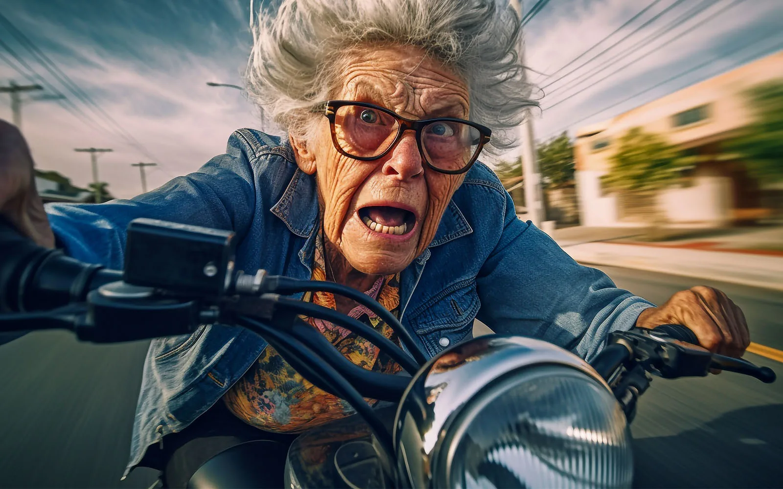 AI grandma riding a motorcycle
