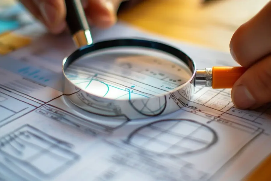 A magnifying glass sitting on top of a stack of papers