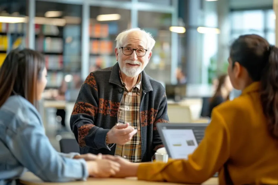 an oder man smiling at the camera while talking to two female co-workers