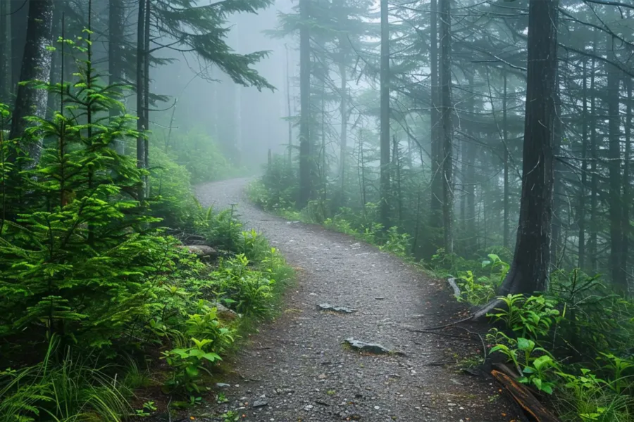 A misty forest trail