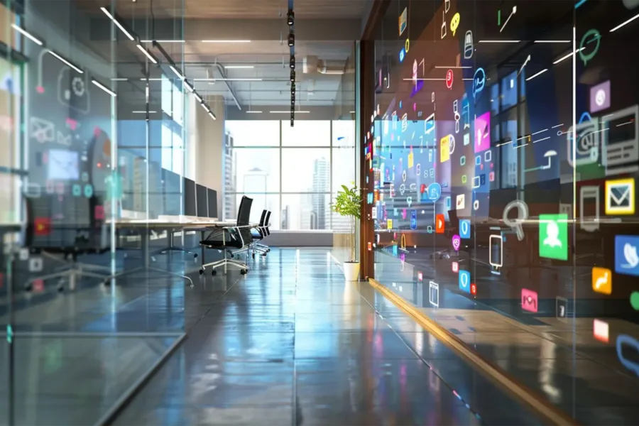 A futuristic office space featuring a hologram wall
