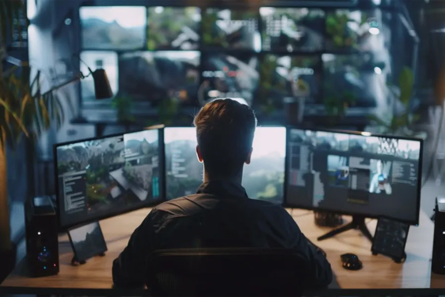 The backview of a man sitting at a table filled with three computer monitors