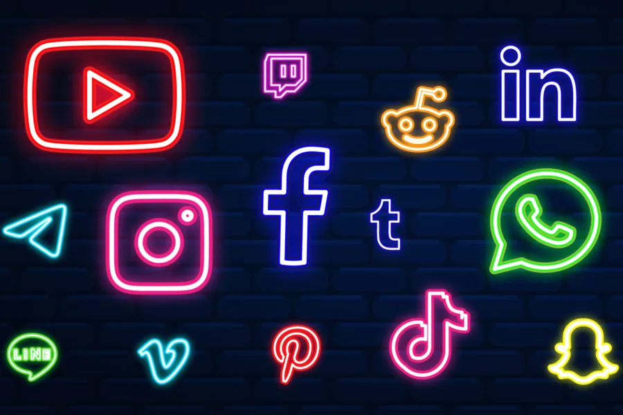 Social media icons in neon