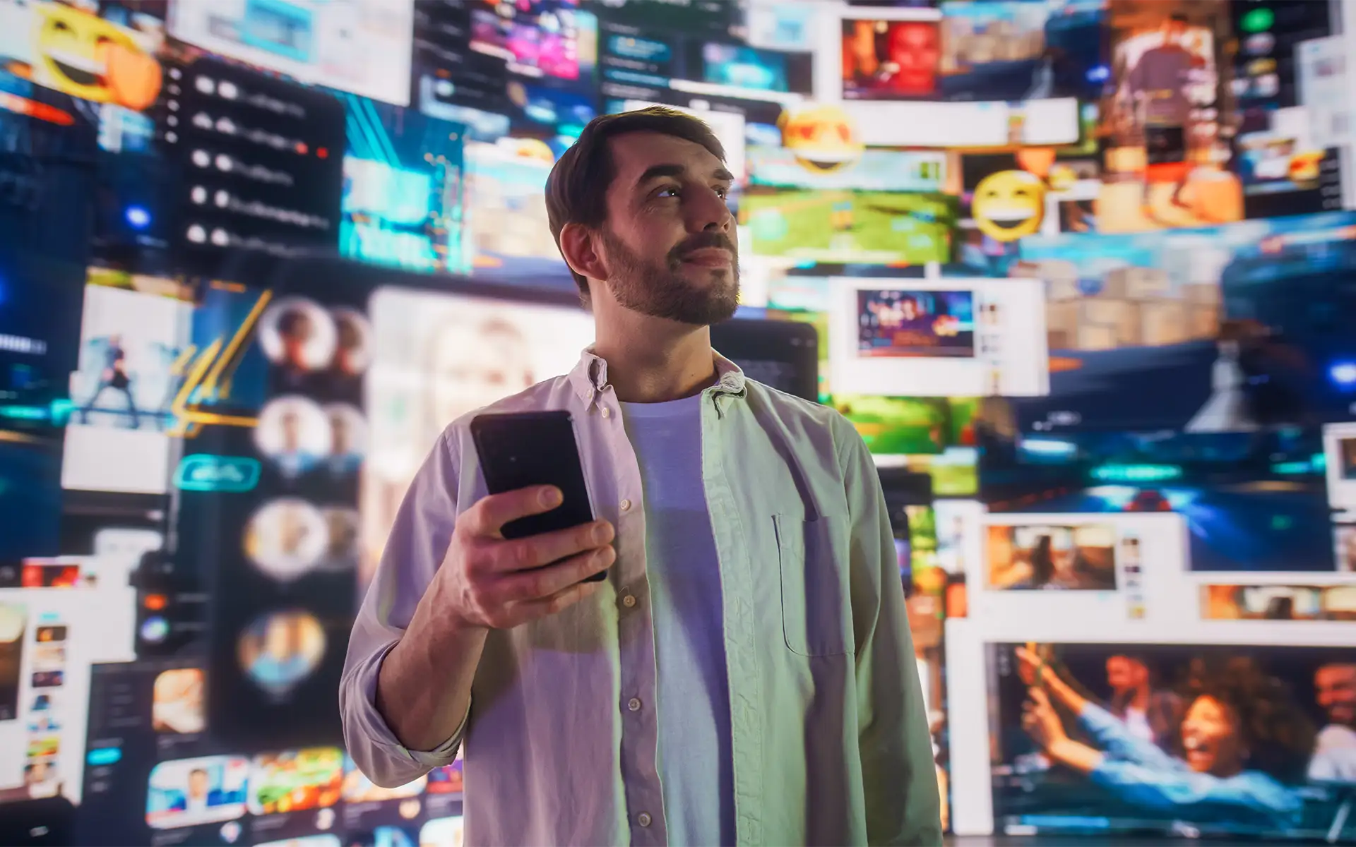 a Caucasian man holding a smartphone standing in a metaverse with an animated stream of interfaces like social media and eCommerce