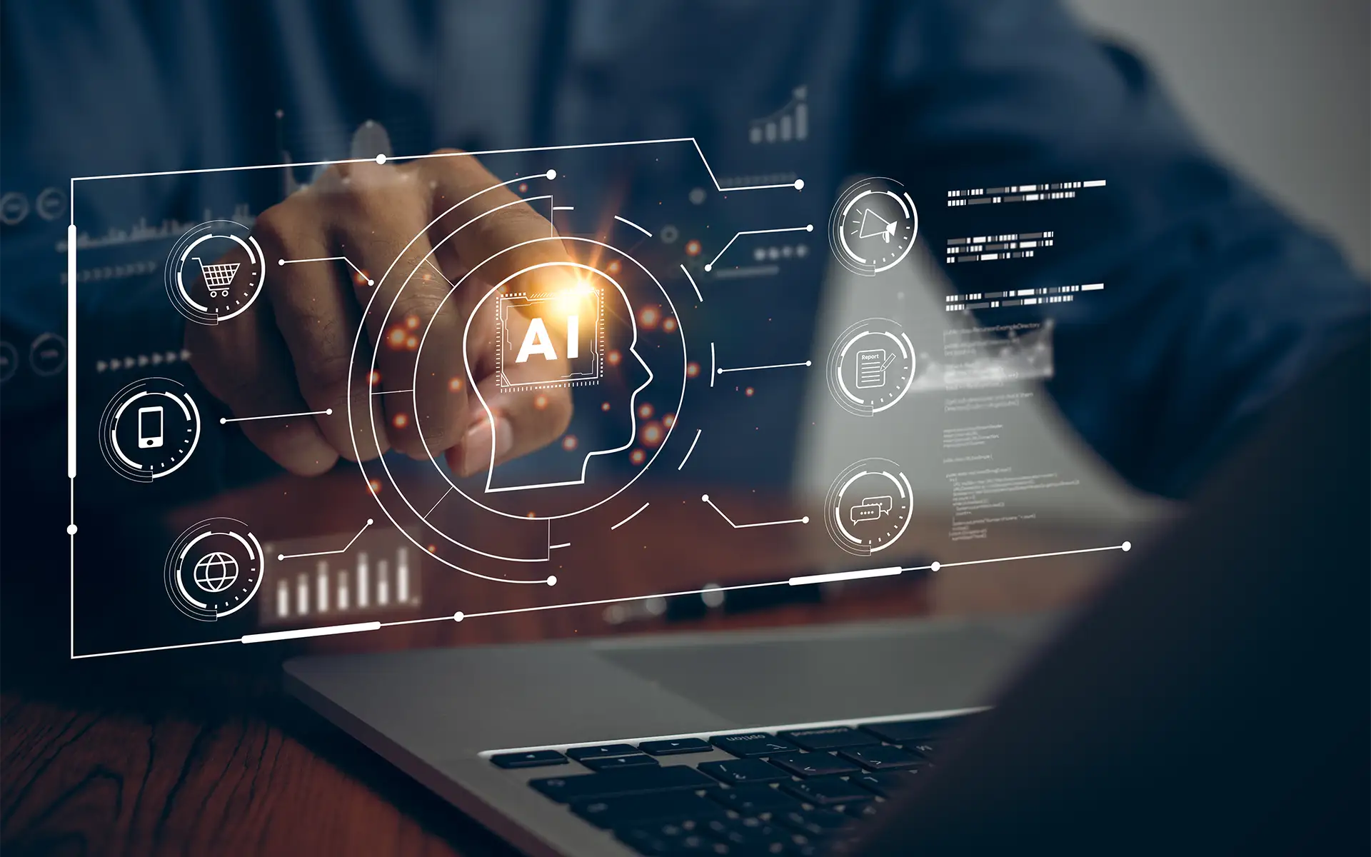 Man sitting in front of a laptop touching a virtual image of an eCommerce AI system floating over the keyboard