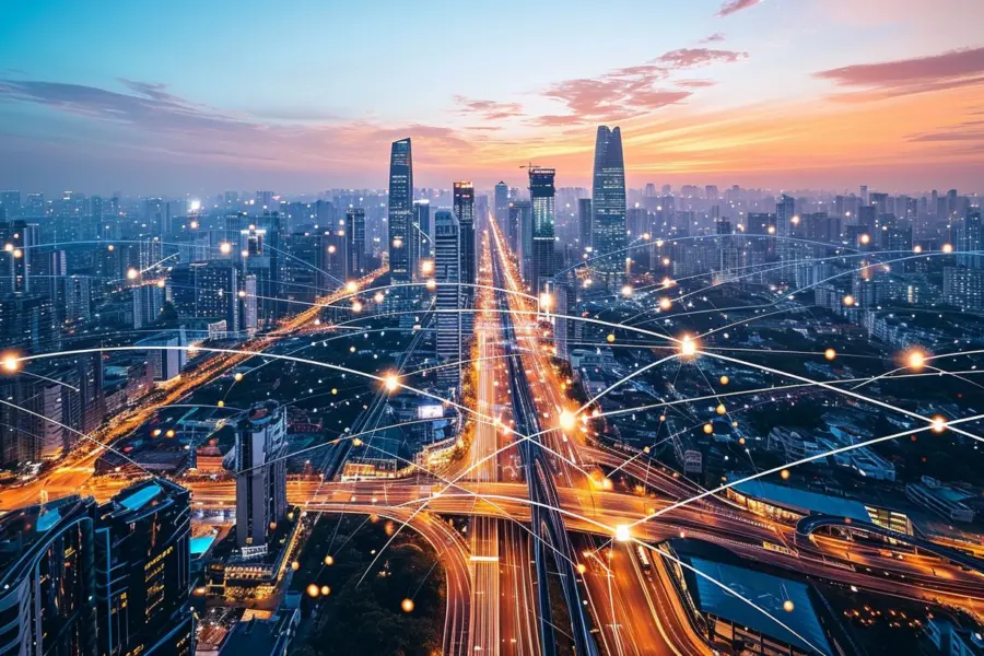 An abstract and futuristic aerial image of a city with illuminated highways at night.