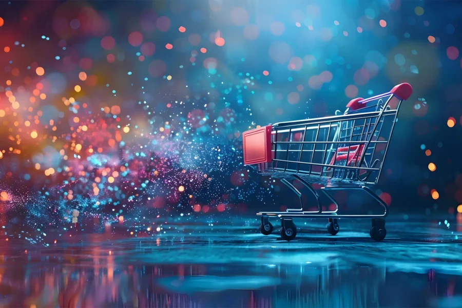 a shopping cart is shown against a vibrant virtual landscape, demonstrating digital shopping conversion rate optimization