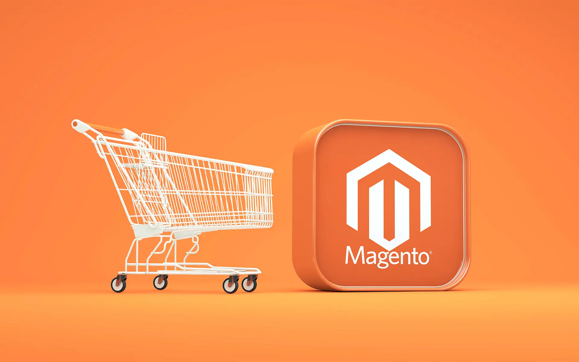 A shopping cart next to a Magento Logo on an orange background