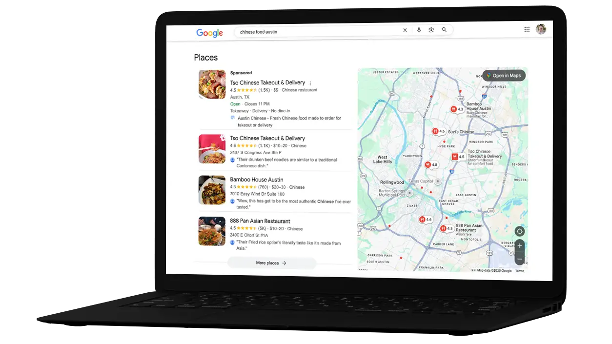 A laptop screen showing local Austin SEO results, listing Chinese restaurants nearby