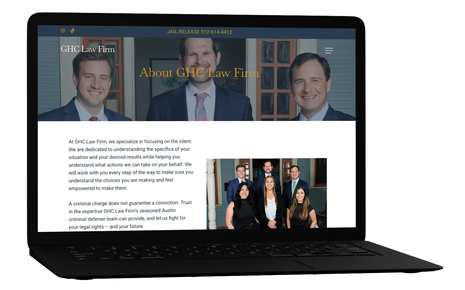A black laptop showing the About page for a law firm's website, demonstrating how to incorporate E-E-A-T criteria for SEO