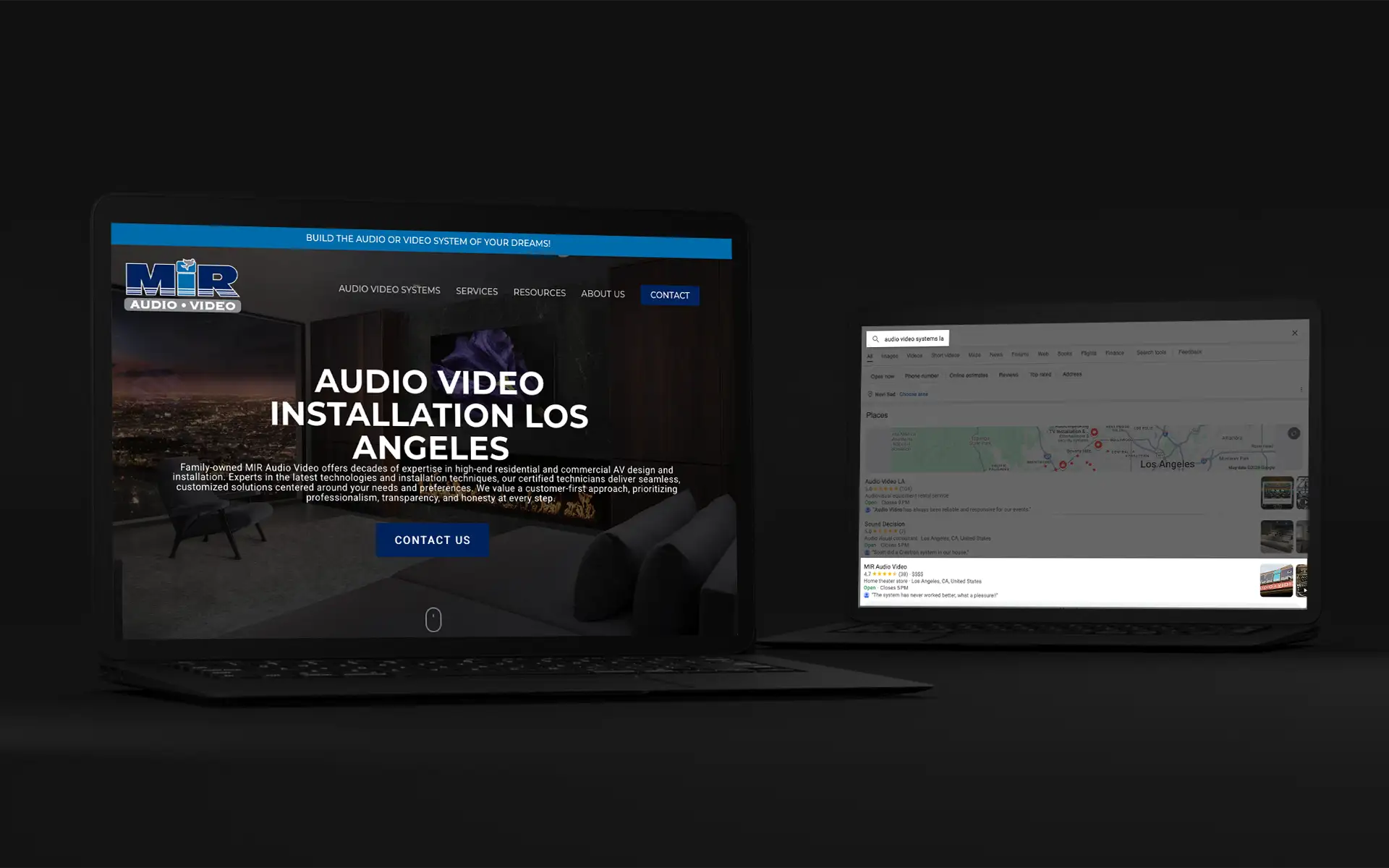 Two laptops side-by-side and open. One screen displays the home page for an audio-video company's website. Screen 2 displays search engine results with a map.