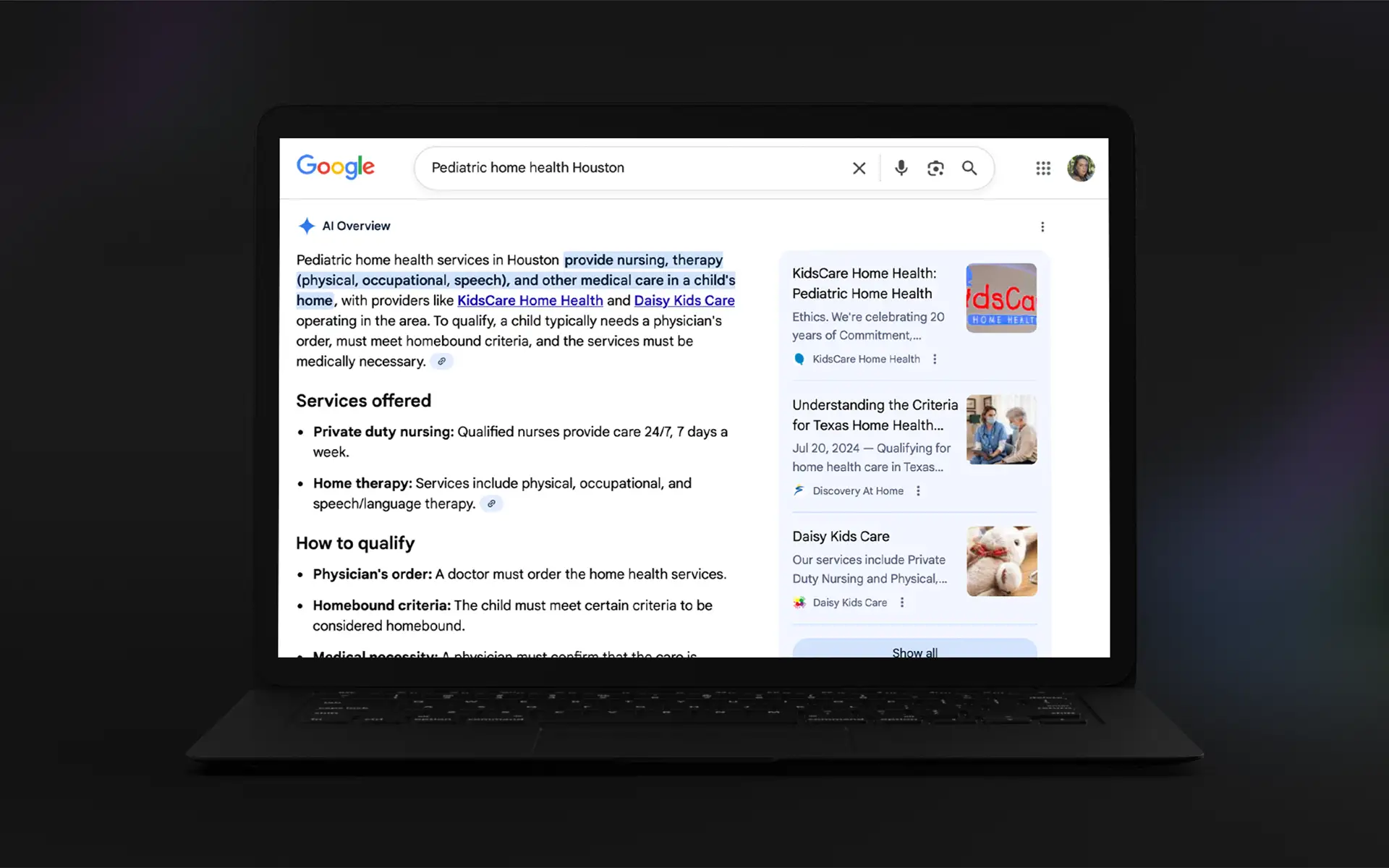 A computer screen showing an AI summary at the top of search results