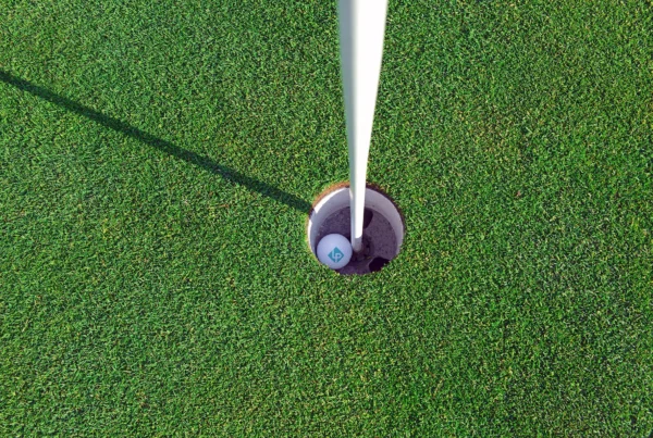 A view from above of a hole-in-one on a golf course, surrounded by manicured putting green grass