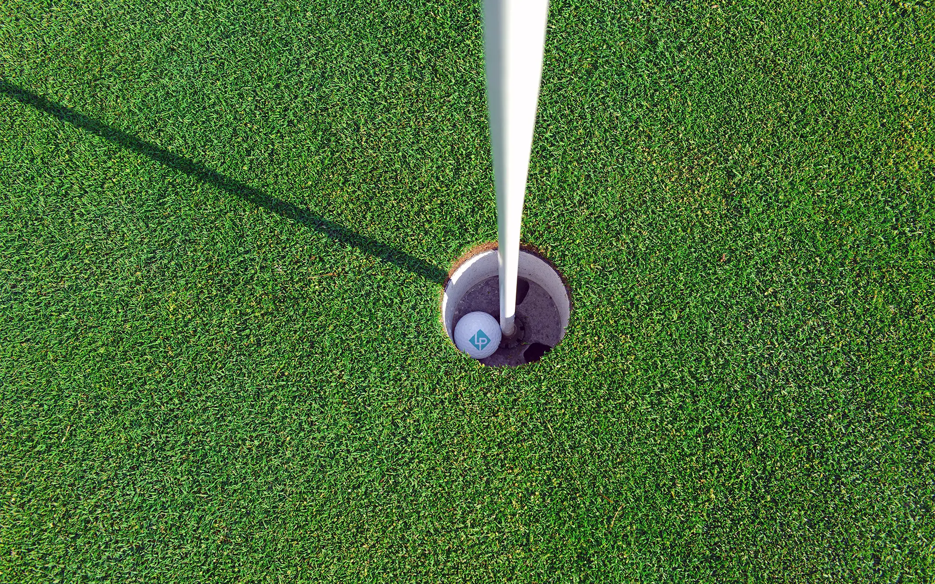 A view from above of a hole-in-one on a golf course, surrounded by manicured putting green grass
