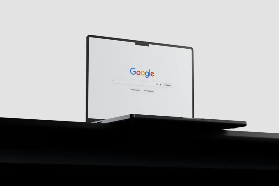 An open black laptop sitting on a desk displaying the Google search screen