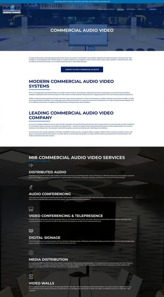 MIR Audio Video Commercial AV An example of WordPress website design services.
