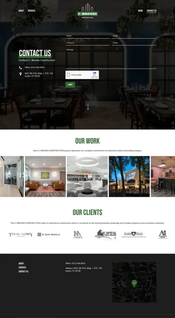 C Brooks Construction Contact A screenshot of C Brooks Construction's website Contact Us page.