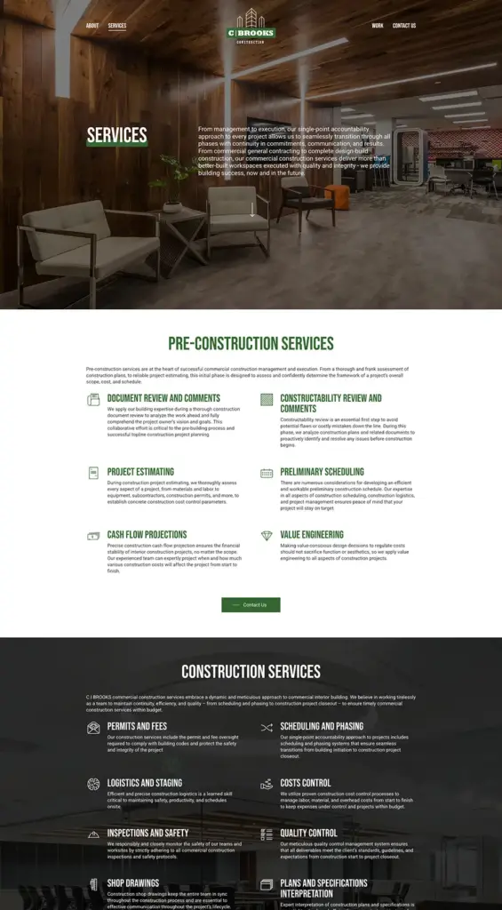 C Brooks Construction Services A screenshot of the Services page content on the C Brooks Construction website.