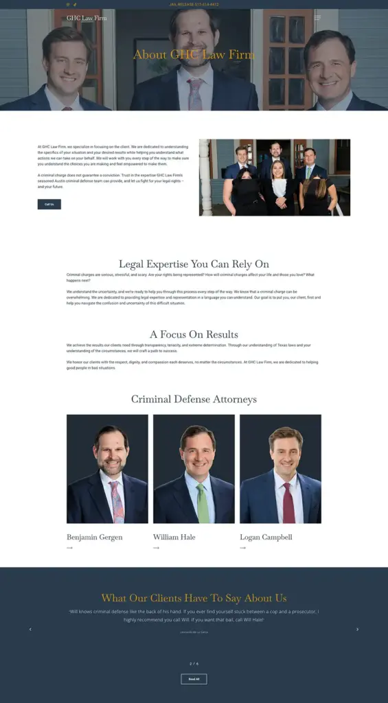 GHC Law Firm About A screenshot of the About Us page with pictures on the GHC Law Firm website.