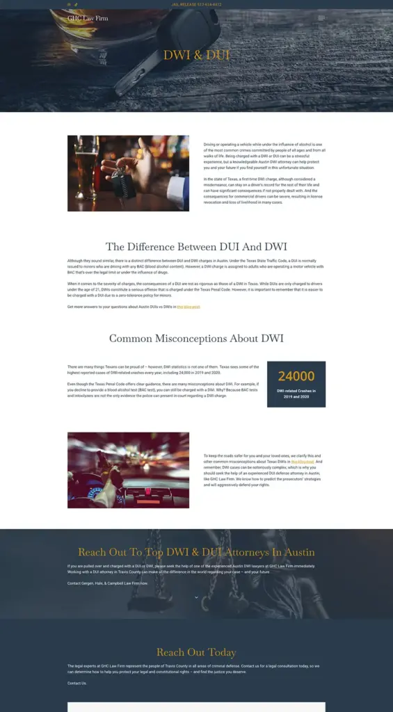 GHC Law Firm Service A screenshot of the DWI & DUI service page on the GHC Law Firm website.