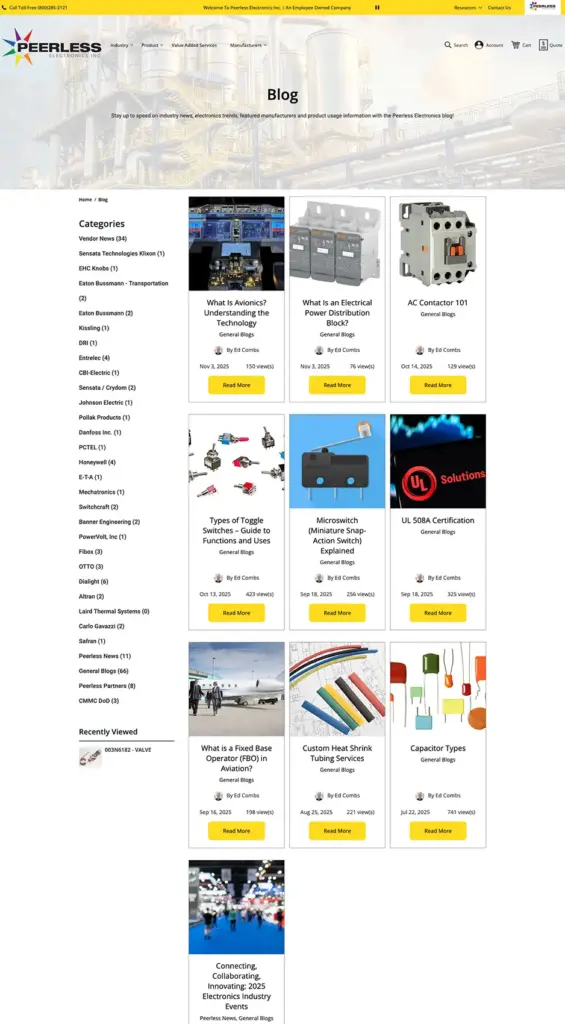 Peerless Electronics Blog A screenshot of the entire Peerless Electronics Magento eCommerce blog page on their website.