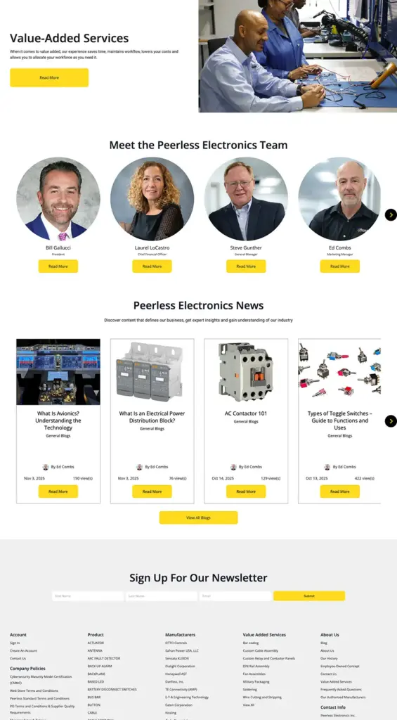 Peerless Electronics Home 2 A screenshot from the Peerless Electronics Magento eCommerce website, titled Meet the Peerless Electronics Team.