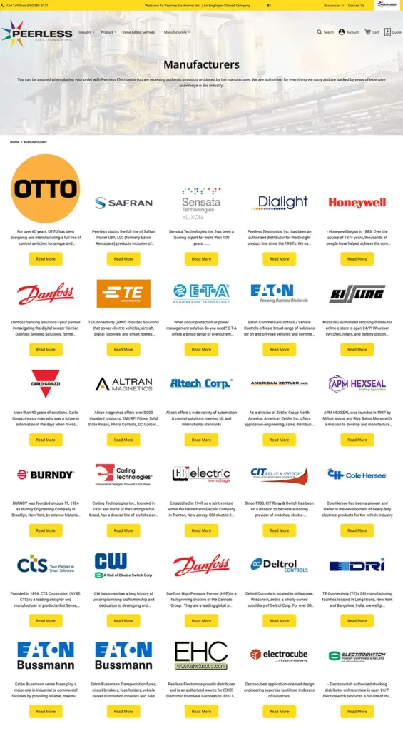 Peerless Electronics Manufacturers A screenshot depicting the entire Value-Added Services page on the Peerless Electronics Magento eCommerce website.