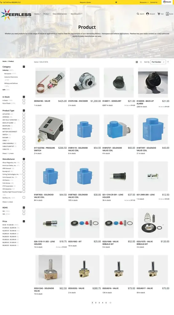 Peerless Electronics Products A screenshot depicting a Product page from the Peerless Electronics Magento eCommerce website.