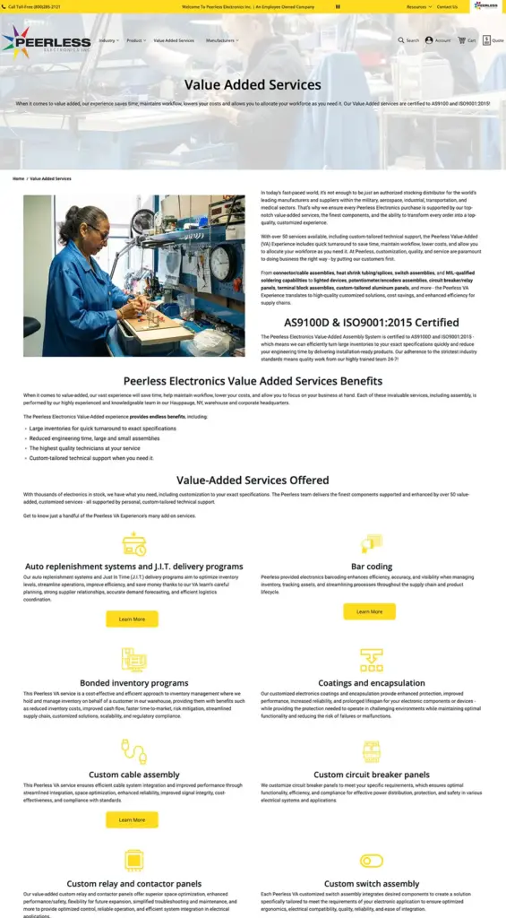 Peerless Electronics VAS A screenshot depicting the entire Value-Added Services page on the Peerless Electronics Magento eCommerce website.