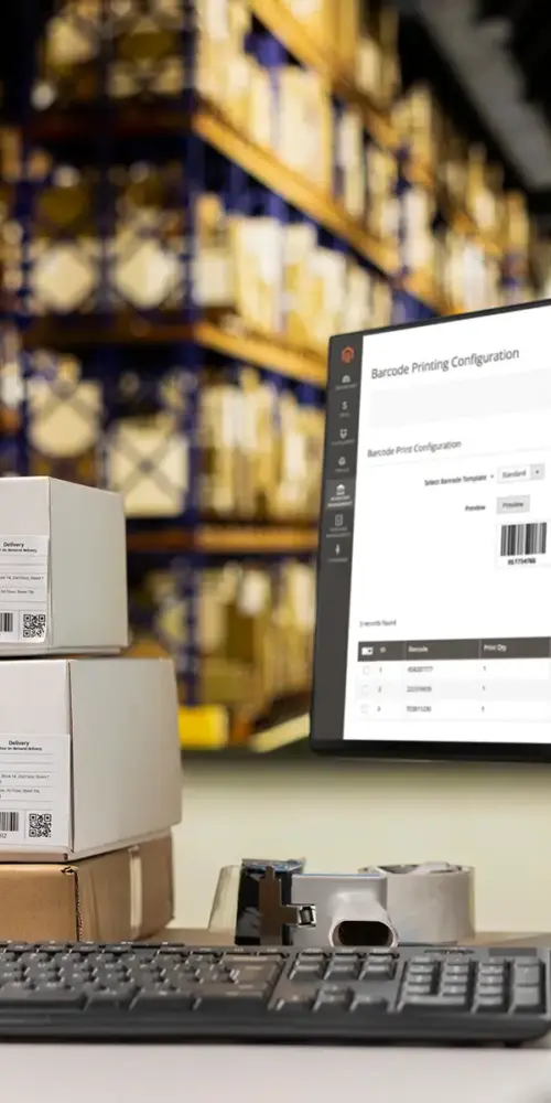 A workstation in a warehouse, featuring a computer monitor displaying a page from their website built on Magento, a popular b2b eCommerce platform for manufacturers