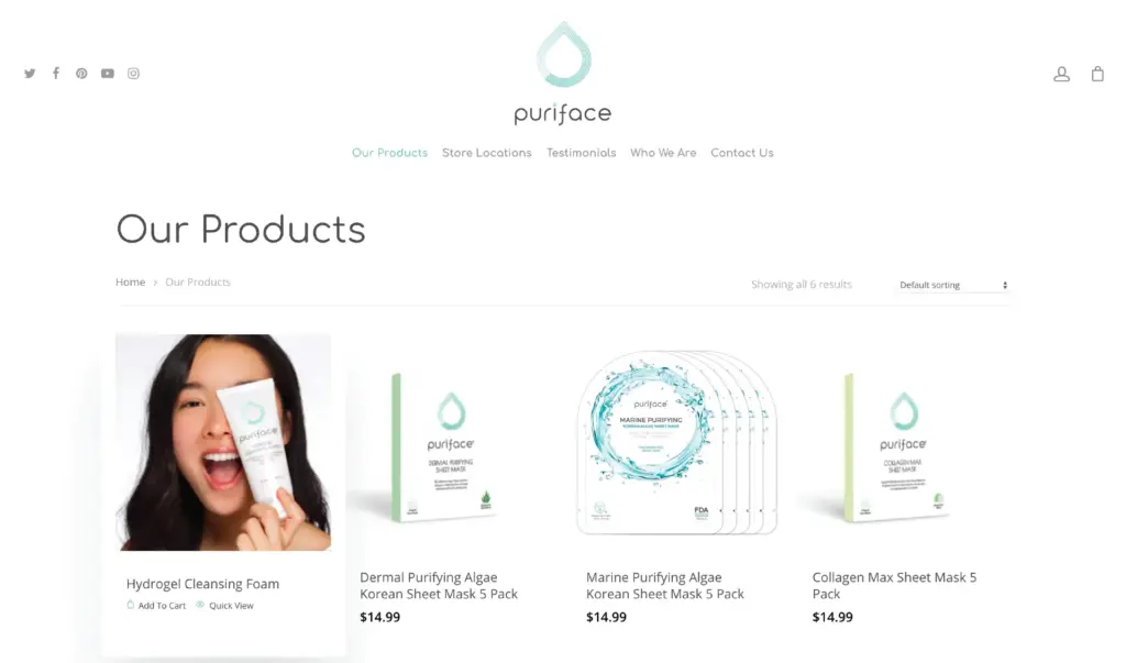 LPC Puriface 2 A screenshot of the Our Products page on the Puriface eCommerce website.