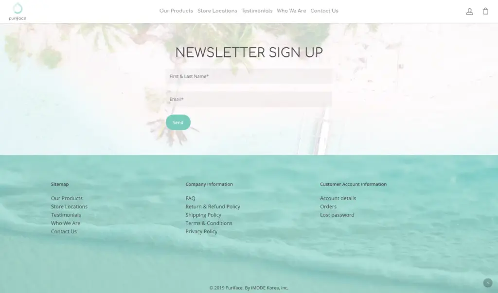 LPC Puriface 7 A screenshot of the Puriface eCommerce website Home page where customers can join the brand's newsletter.