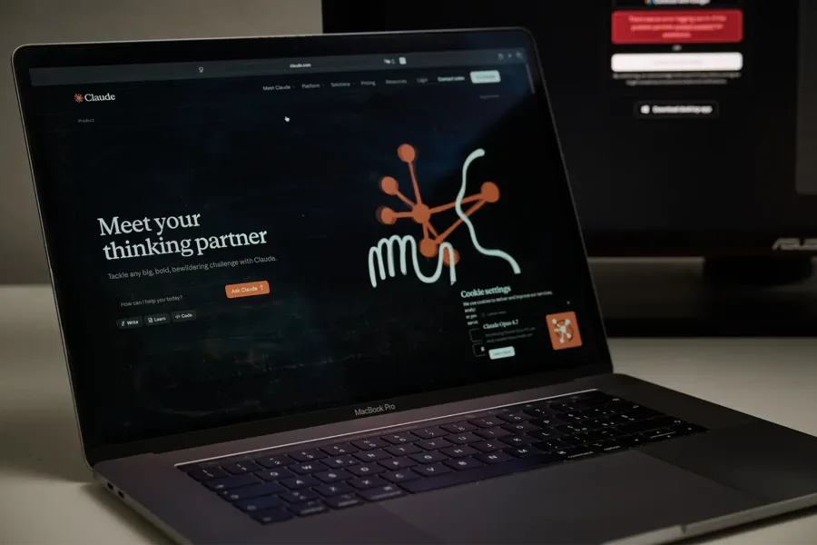 A laptop screen displaying the Claude website homepage.
