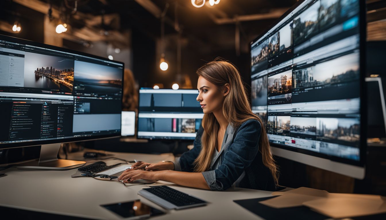 A woman at a desk using social media management surrounded by screens.
