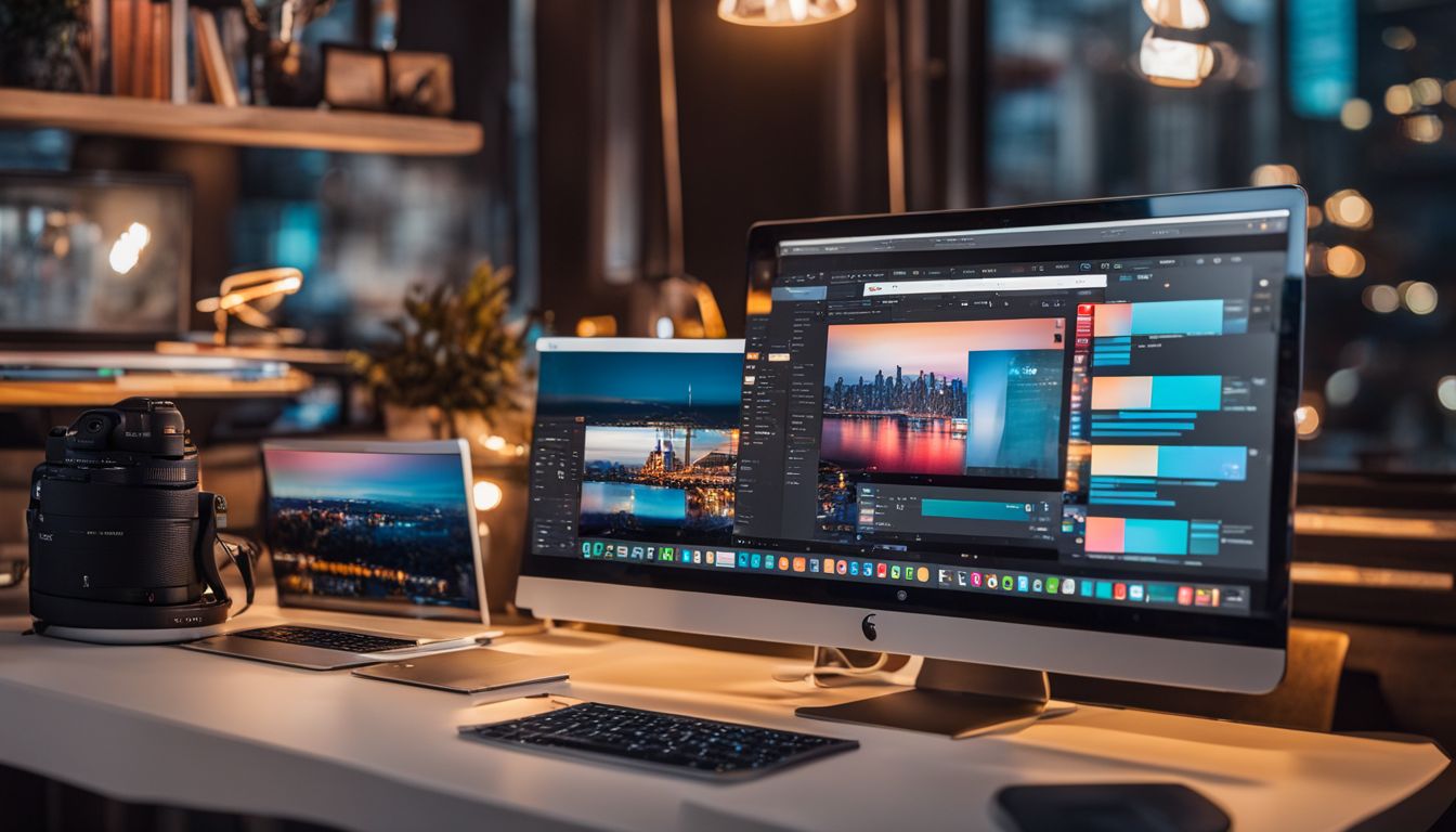 A diverse social media scheduling tool surrounded by digital devices and cityscape photography.