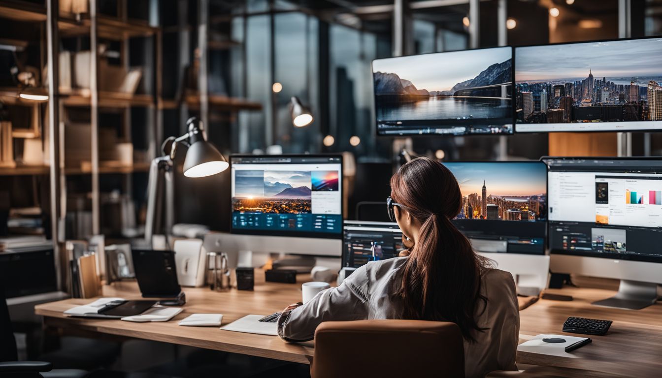 A person comparing social media management tools in a modern office.