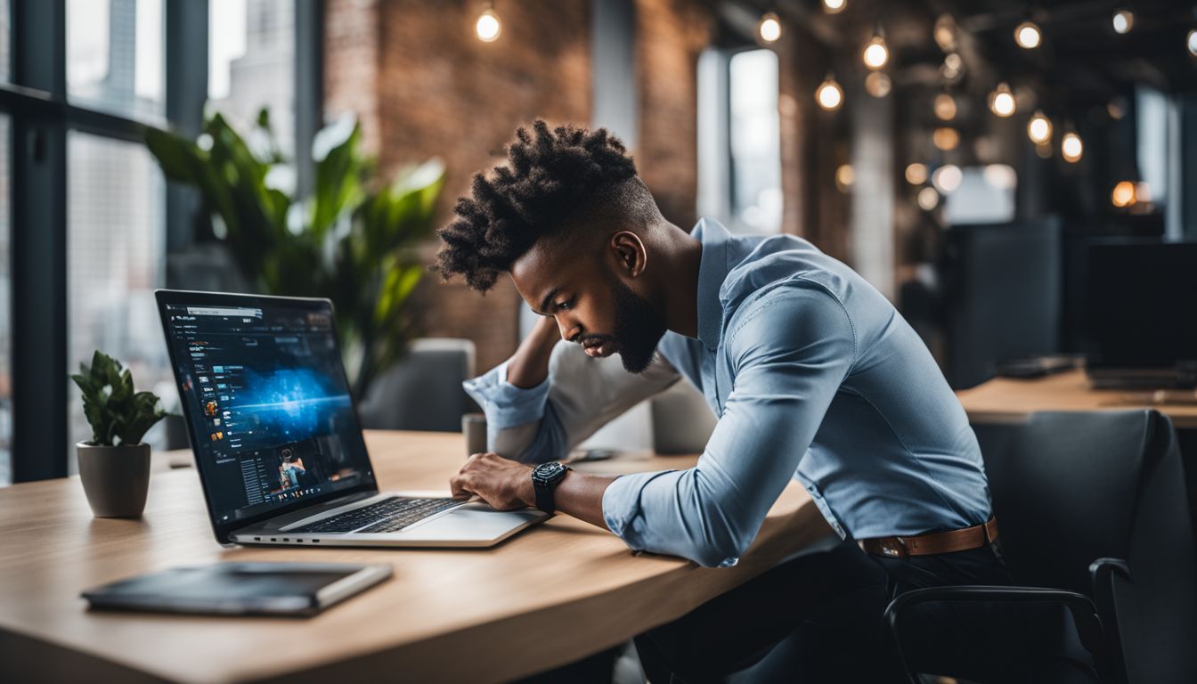 An entrepreneur analyzing social media analytics in a modern office.