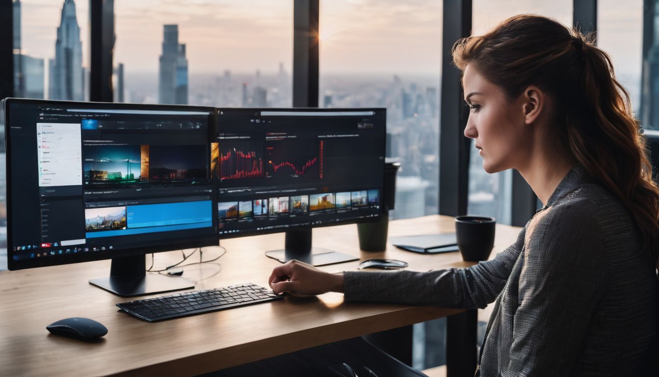 A person analyzing social media data on a laptop in a modern office.