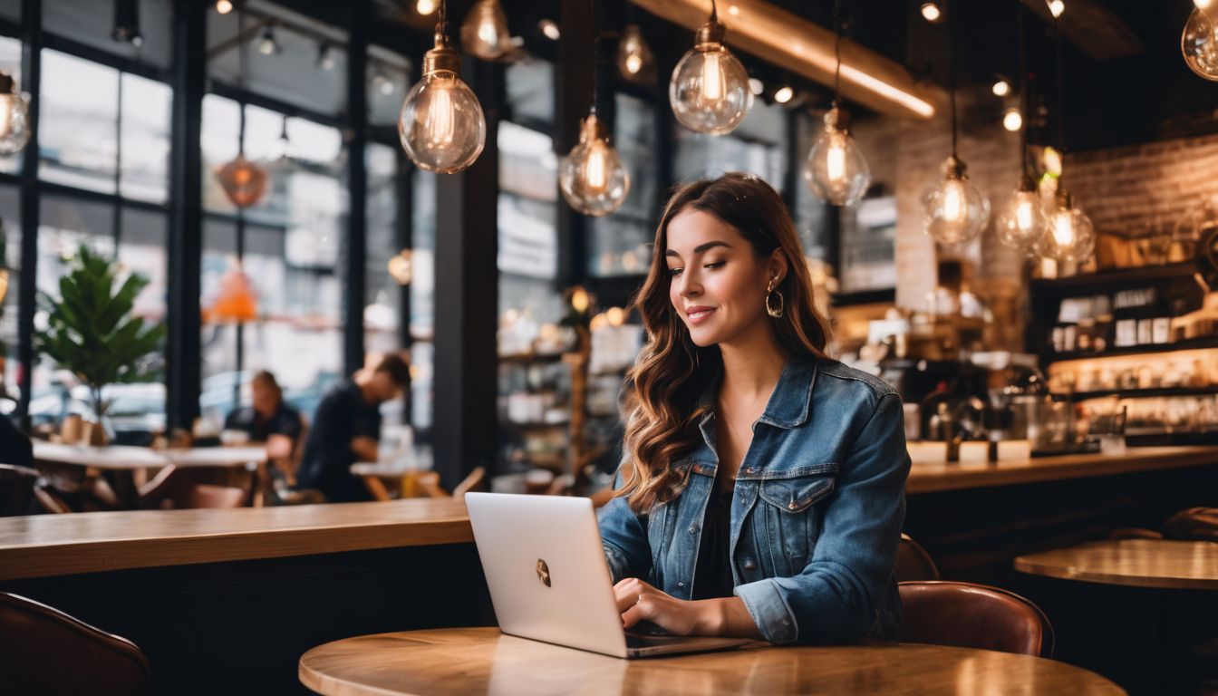 A person managing social media at a trendy coffee shop using professional tools.