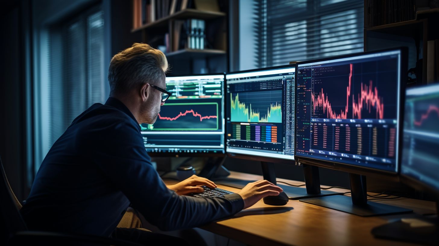 A professional analyzing data on a computer surrounded by charts.