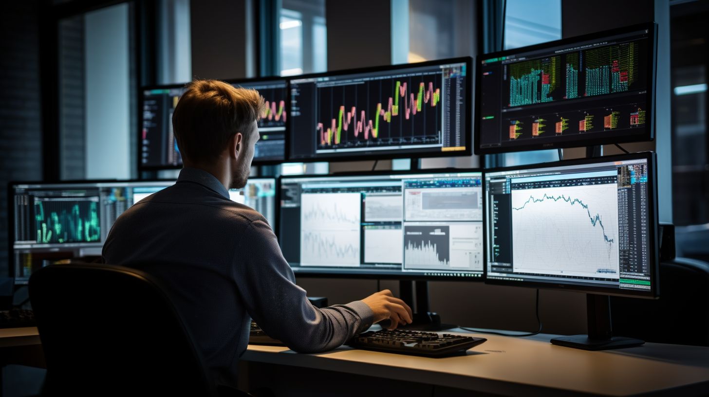 A professional analyzing data on a computer surrounded by charts.